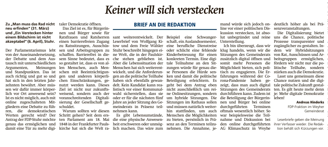 Leserbrief von Andreas Hinderks, Kreiszeitung v. 14.04.2023