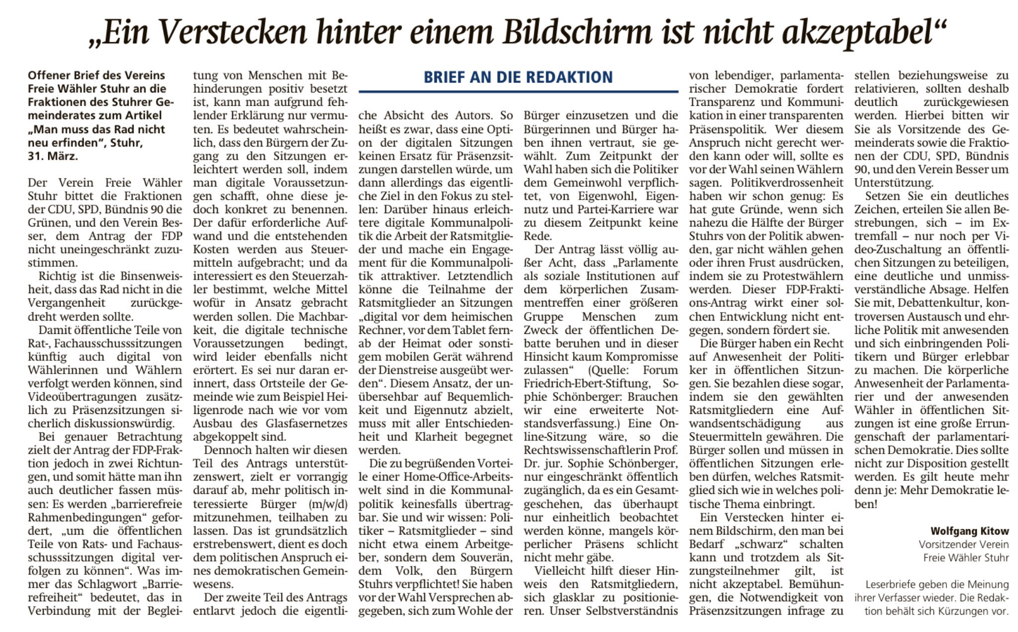 Leserbrief Wolfgang Kitow, Kreiszeitung v. 06.04.2023